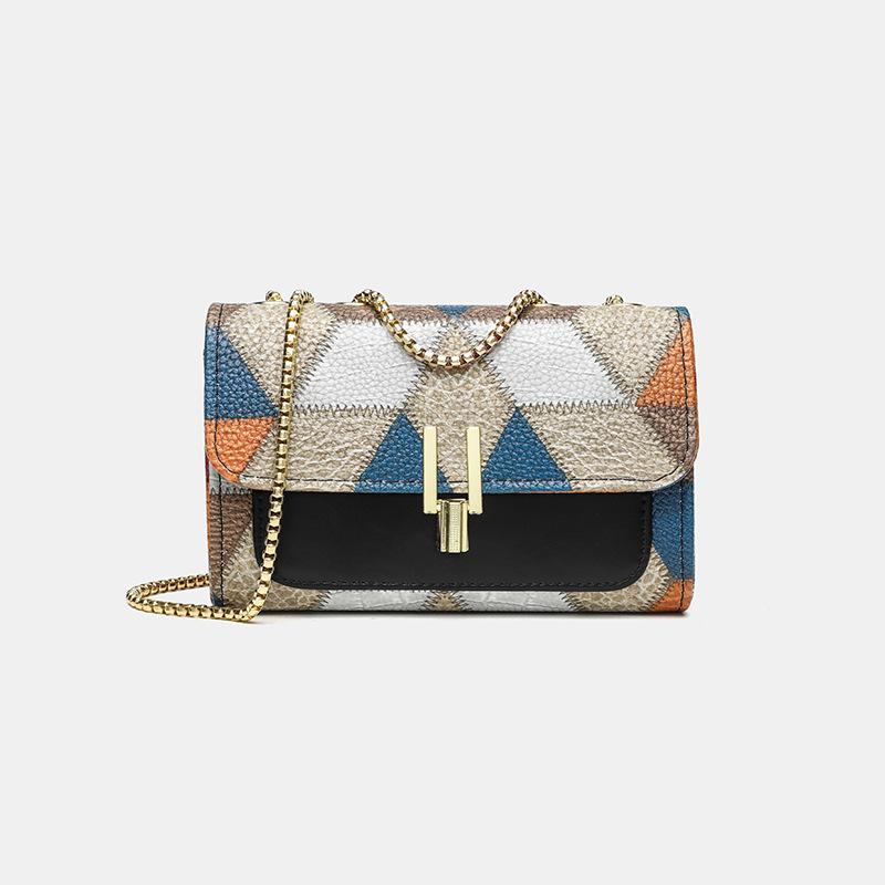 High-value New Autumn and Winter Fashion Splicing Contrasting Soft Leather Bag Women's Shoulder Crossbody Handbag Small Square Bag