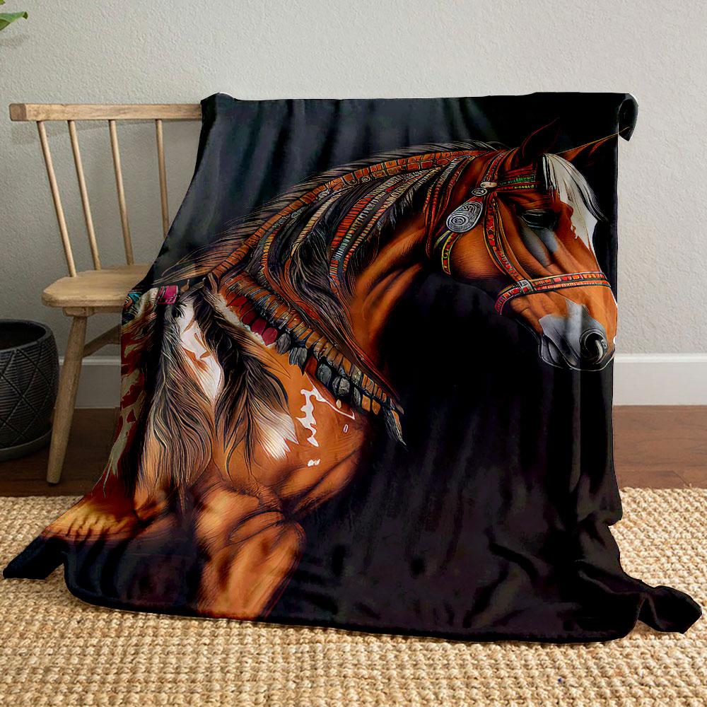Decorative Horse with Tribal Patterns Patterned blanket, flannel, suitable for all seasons, home decor, warm and cozy