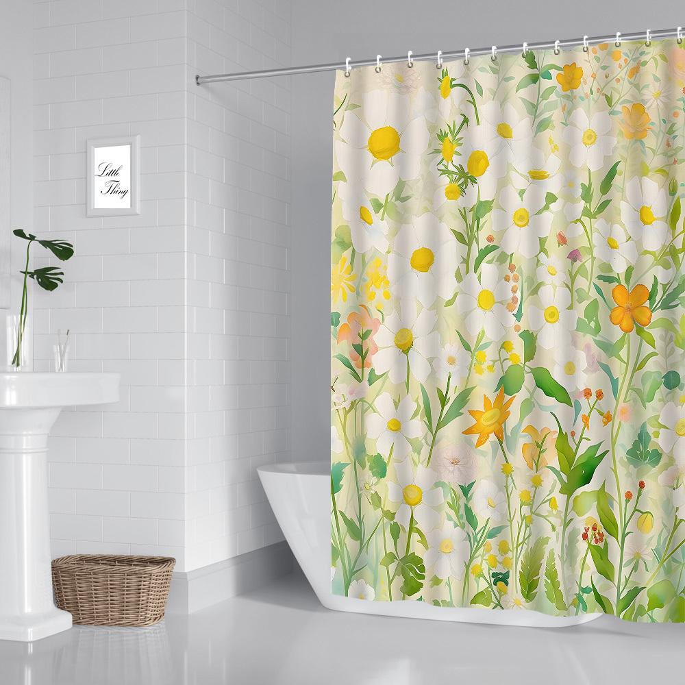 Nordic Style Flower Shower Curtain - Watercolor Hand-Painted Leaf Design, Waterproof, Interior Bath Decor, Toilet Partition"