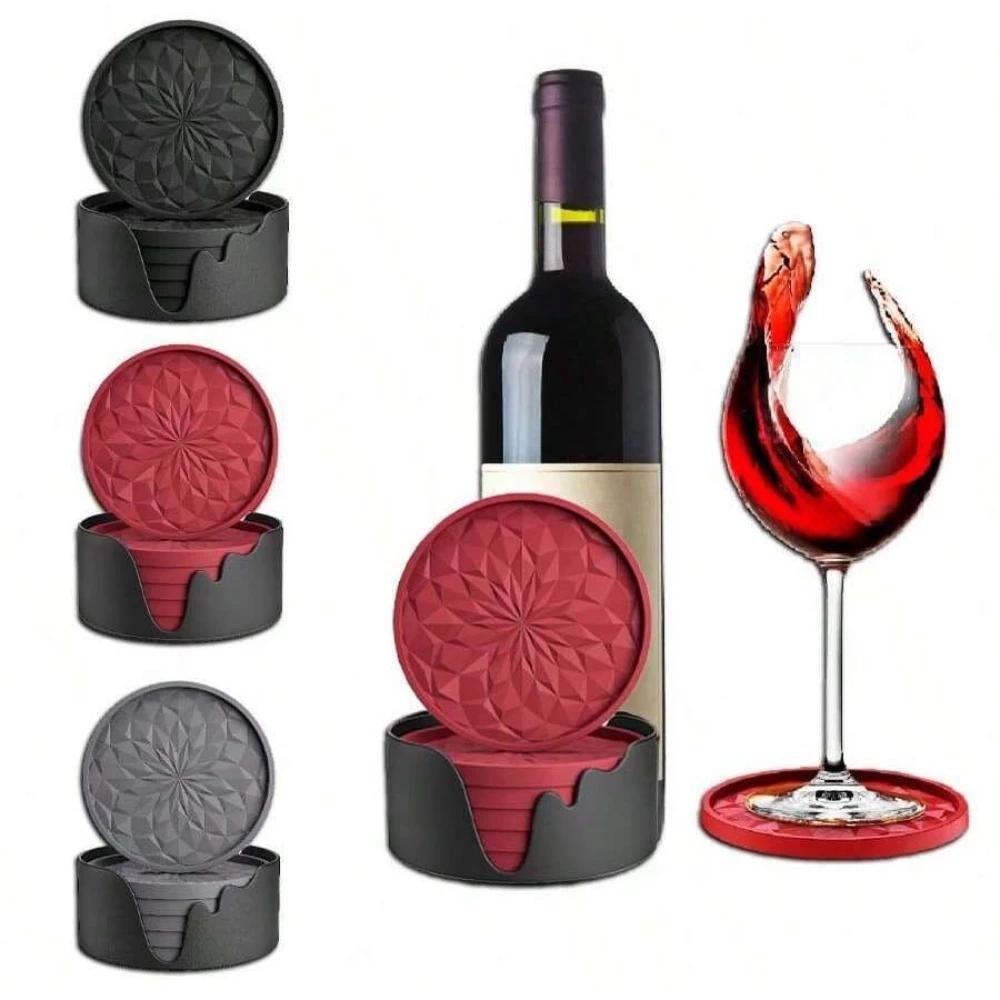 6 Silicone Coasters with Base Non Slip Drink Mats for Wine Coffee Hot Cold Cups Durable Table Protection Home Office Decor