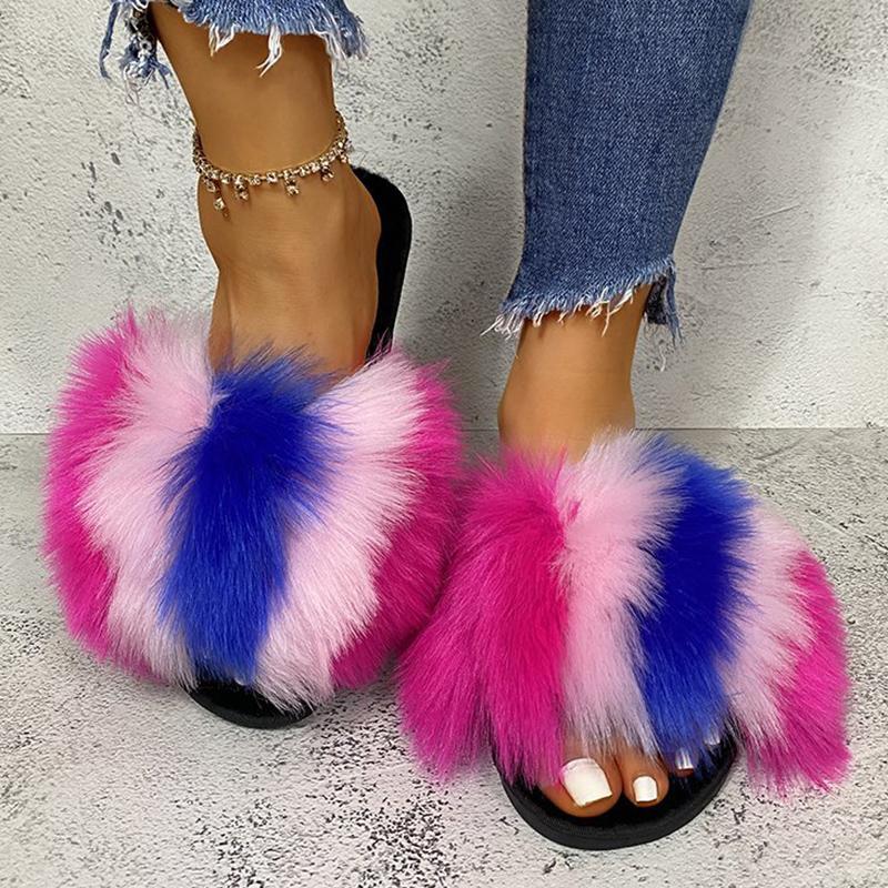 Fashion Fashion Mix Color Fluffy Fur Slippers for Women Winter Warm Cozy Indoor House Shoes Woman Open Toe Non Slip Plush Floor Slippers