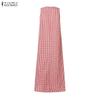 ZANZEA Women Casual Round Neck Sleeveless Plaid Print Long Dress