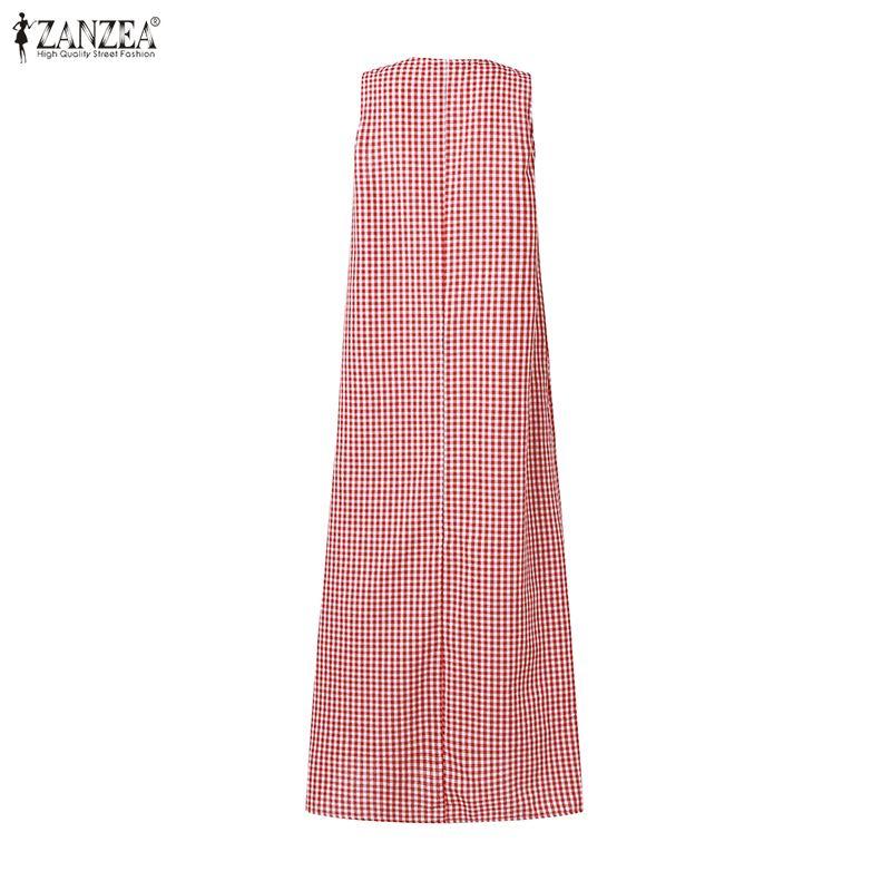 ZANZEA Women Casual Round Neck Sleeveless Plaid Print Long Dress