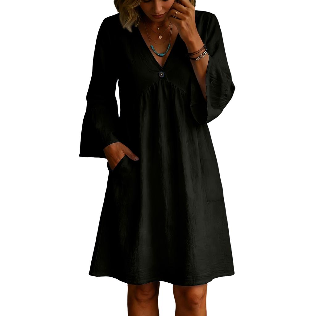 Modisches farbenfrohes lockeres Button-V-Ausschnitt Langarm Lockeres Kleid für Damen