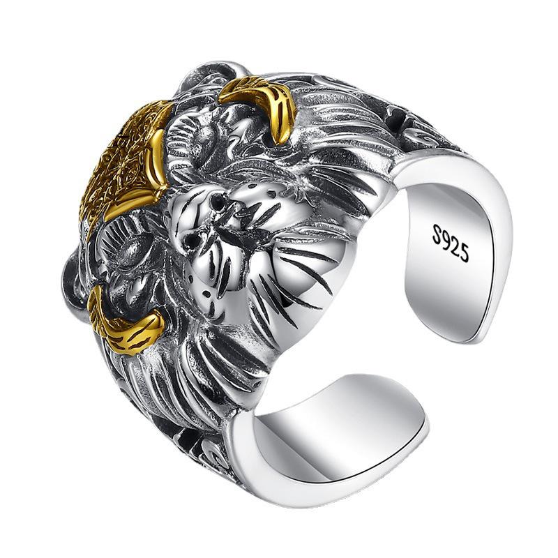 Men's Trendy Adjustable Retro 925 Sterling Silver Tiger Head Ring - Hip Hop Style, Large Size, Domineering Design.