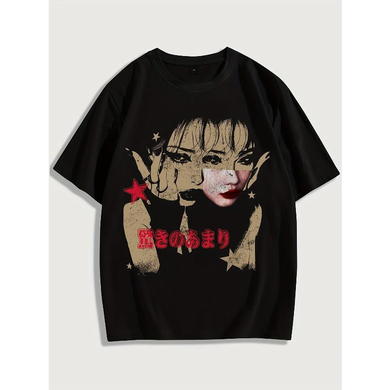 European Size Patterned Portrait Fashion T-Shirt, Men's Casual Sports Loose Short Sleeve Black Shirt with Character Head Portrait