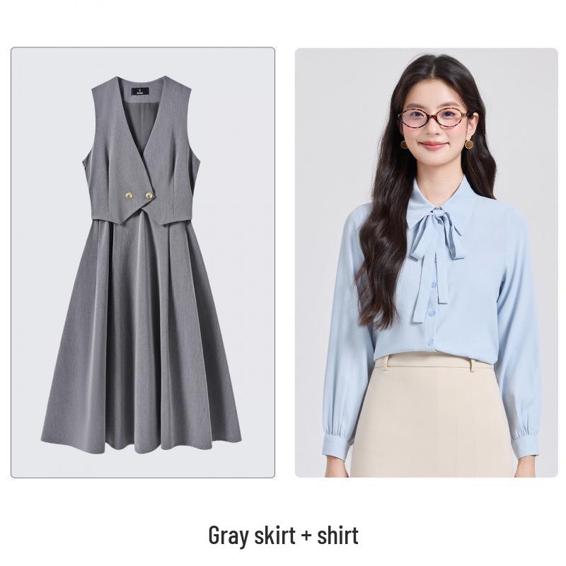 Age-Defying Preppy Vest Dress Set for Female College Students - Ideal for Exams & Interviews, Includes Shirt and Vest Dress
