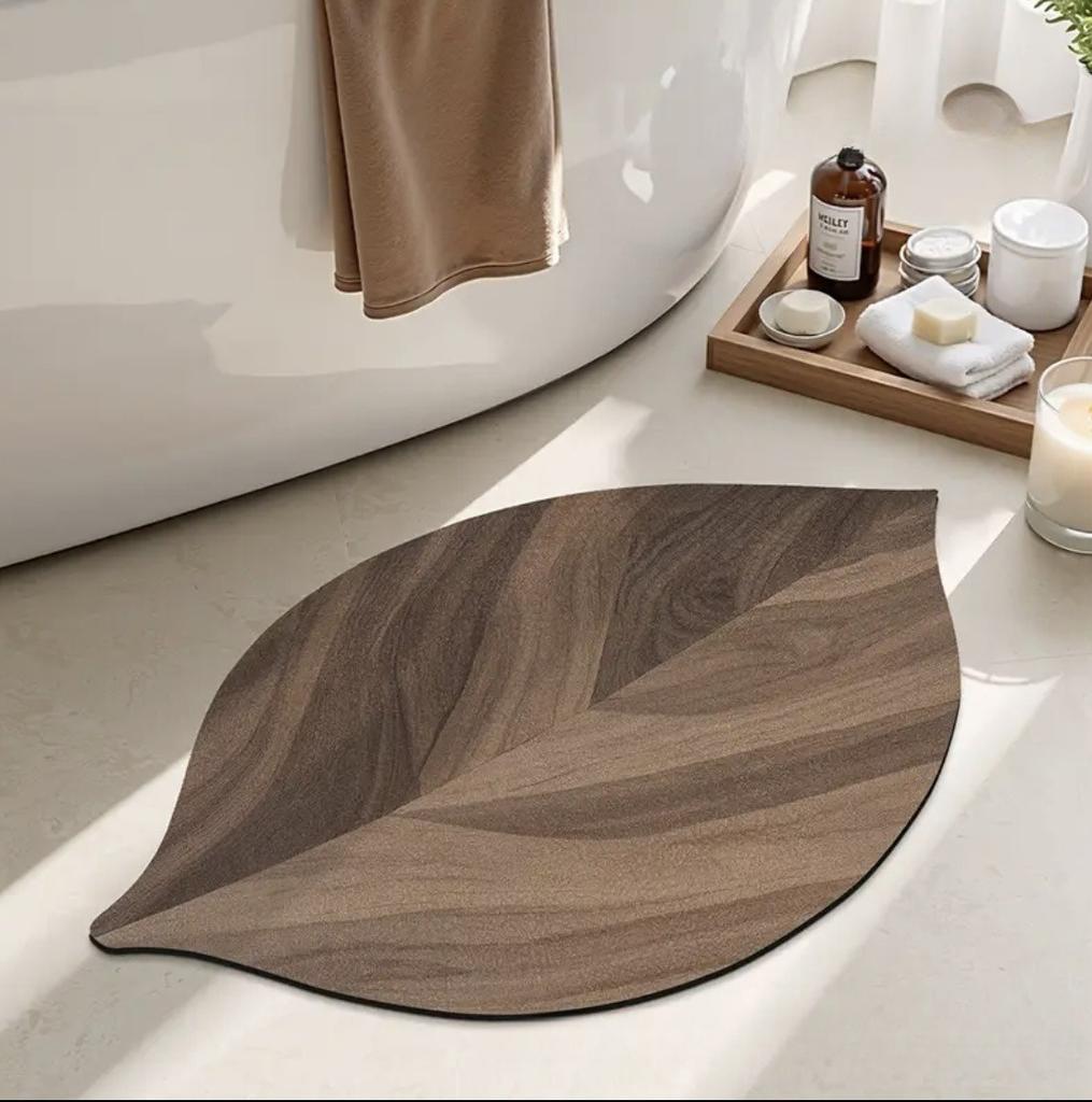 Retro Diatom Mud Bath Mat Quick Drying Anti Slip Super Absorbent Wood Grain Leaf Design for Bathroom Toilet Shower Floor Mat