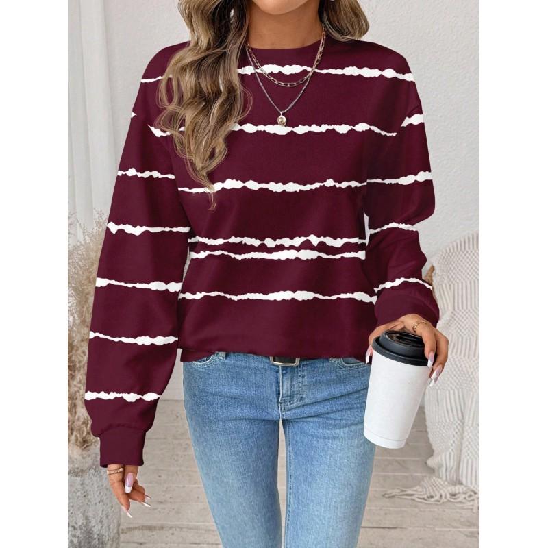 Womens Casual Striped Print Hoodie-Free Sweatshirt Loose Fit Round Neck Long Sleeve Top 2025