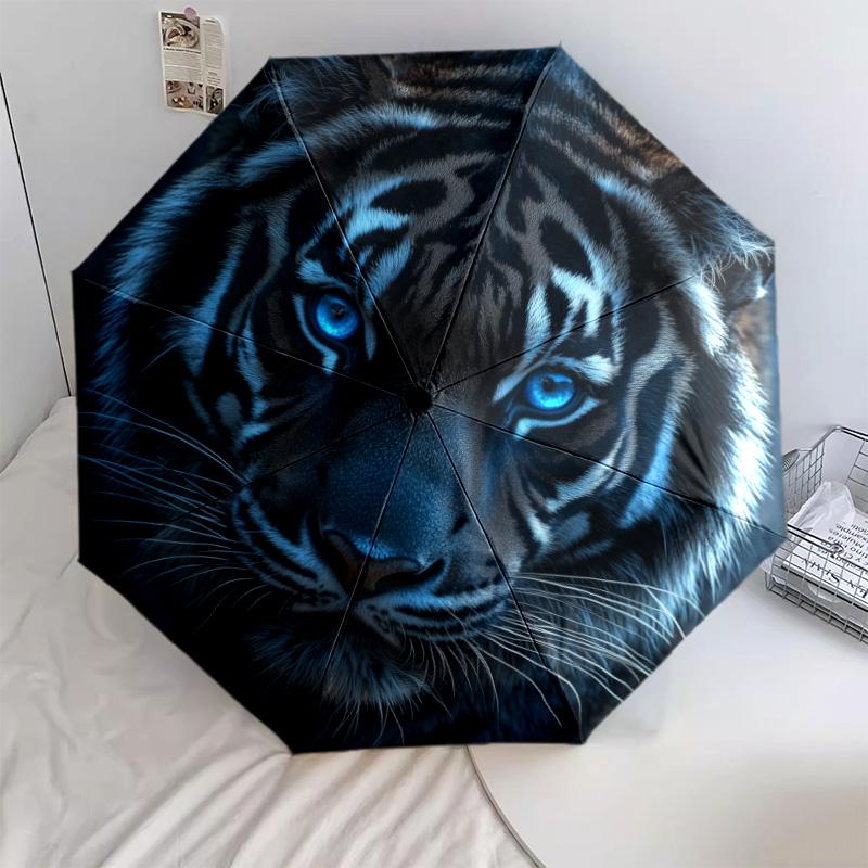 Ferocious Tiger Pattern, Automatic Folding Umbrella, Portable and Foldable Design, 8 Ribs, a Christmas or Birthday Gift.