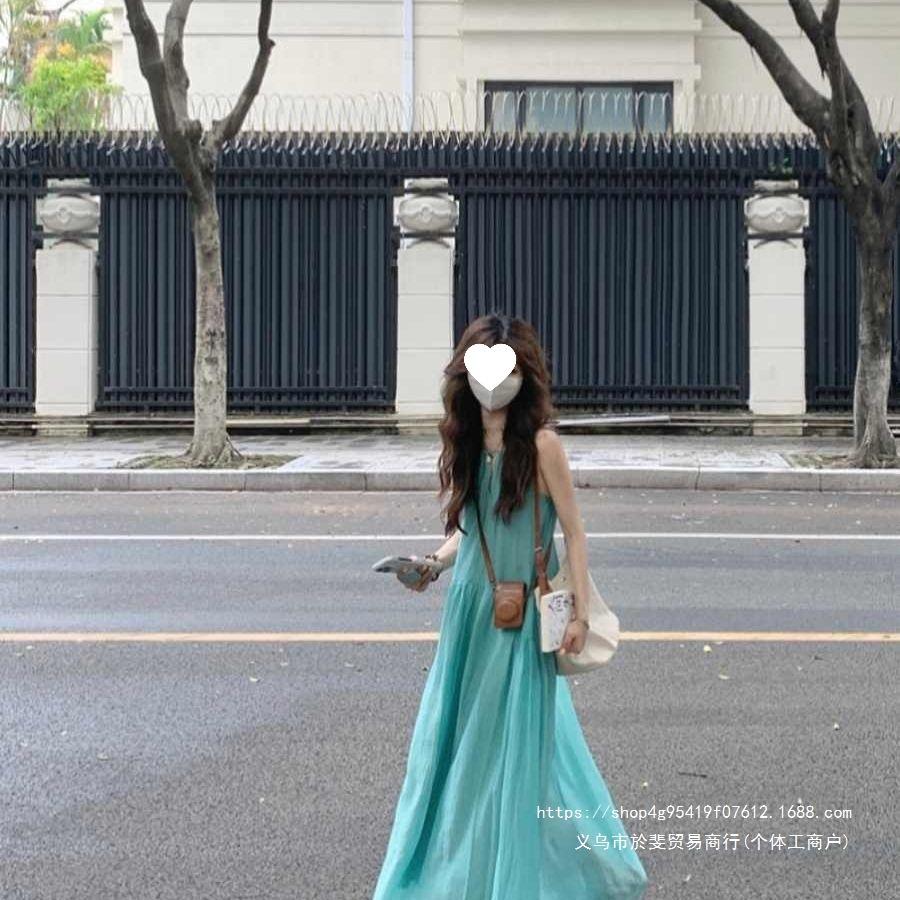 French hollow suspender dress women's summer seaside vacation wind beach skirt pleated lazy relaxation long skirt