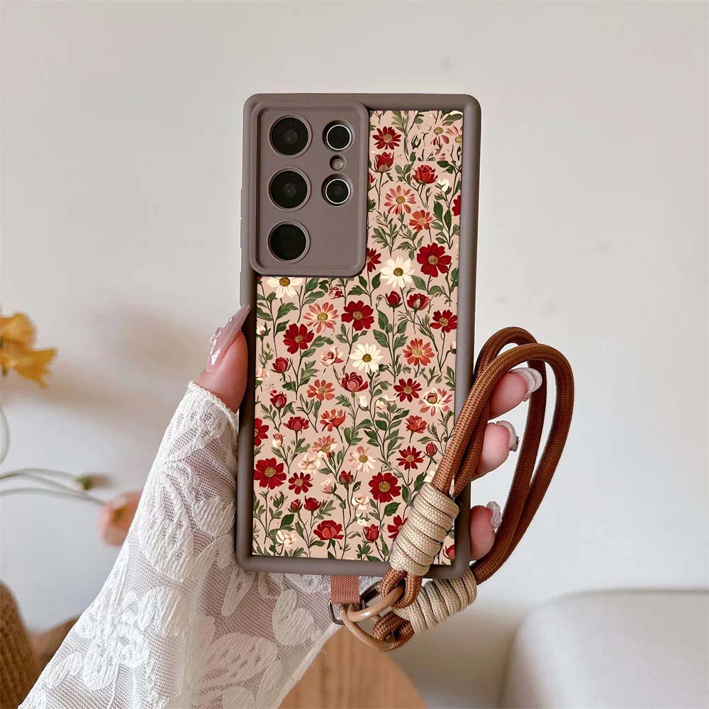 Flowers Wrist Strap Case For Samsung Galaxy S25 S24 S23 Ultra Note 20 Plus S22 S21 S25FE S20FE S24FE S23FE Cover