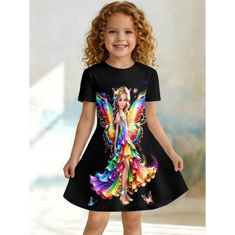 Swinging Dress for Young Children and Girls, Summer Short Sleeved Floral/animal Printed Casual Suitable for Birthday Parties