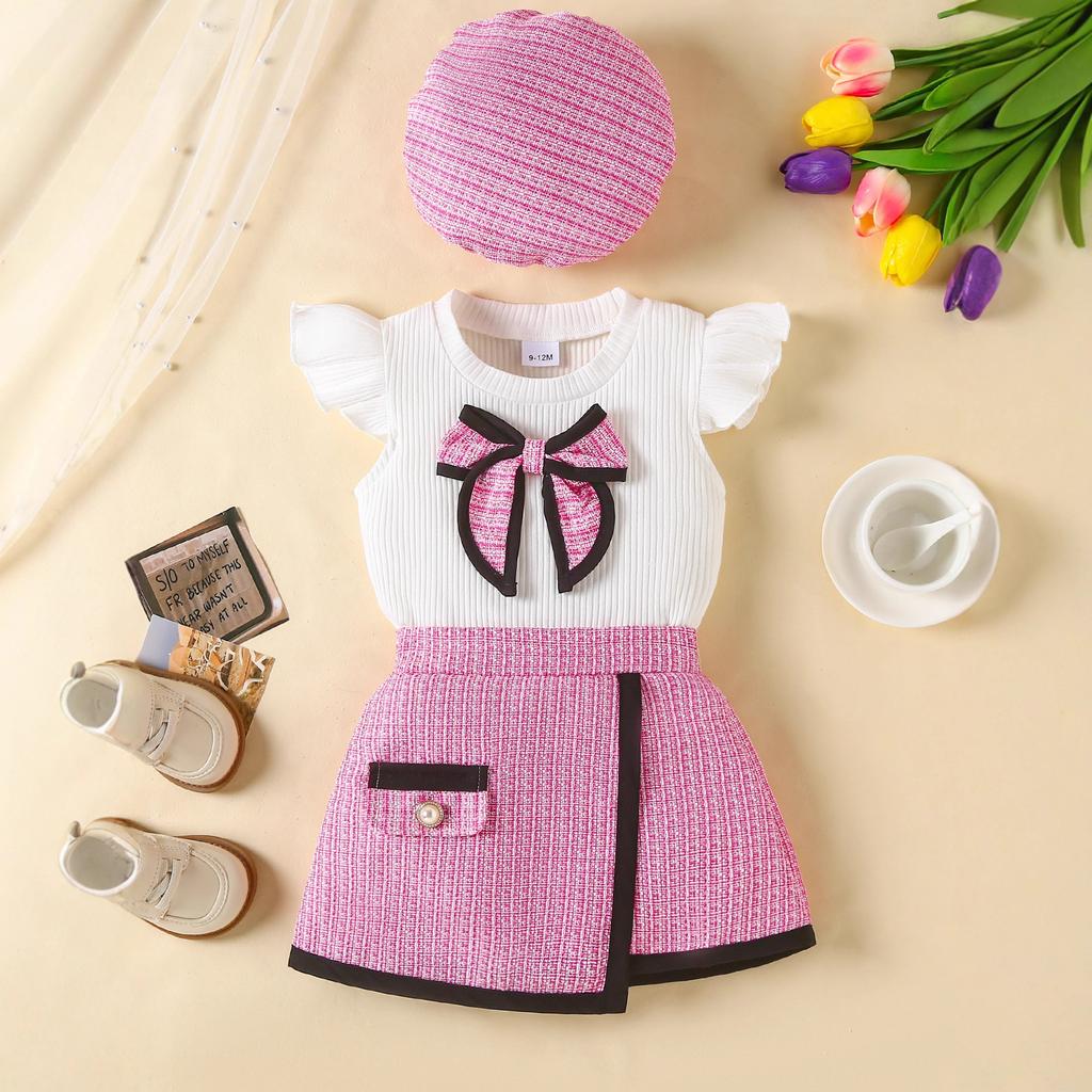 New Solid Color Ribbed Baby Girl T-shirt with Diagonal Border Style Baby Skirt and Beret Three Piece Set