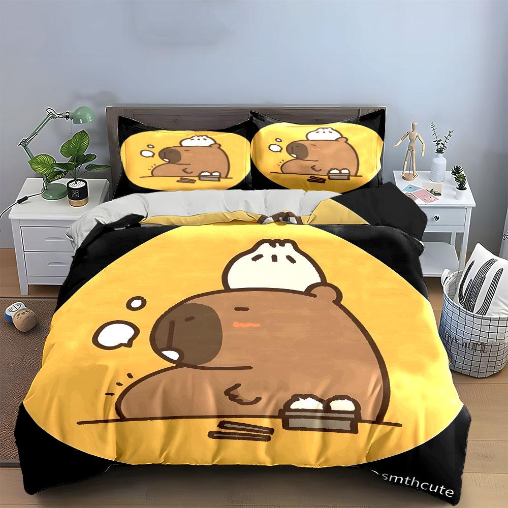 Kawaii Capybara With Steamed Buns Cute Prints Bedding Set Exquisite Three-Piece Bedding Set Gift For Kids And Adults