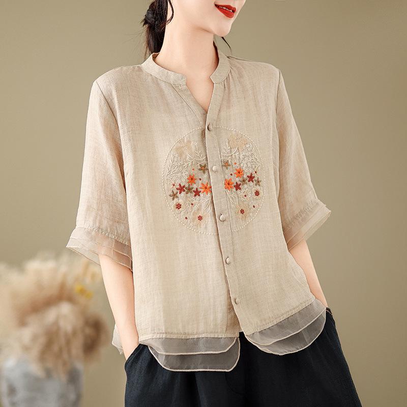 Retro Embroidered Organza Patchwork V-Neck Shirt for Women - Summer Mid-Sleeve Trendy Top