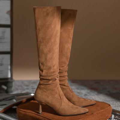 Autumn Winter Long Sleeve Retro Over Knee Long Boots Womens New Suede Woman High Heel Boots Pointed Head Thin Heel Stacked Boots