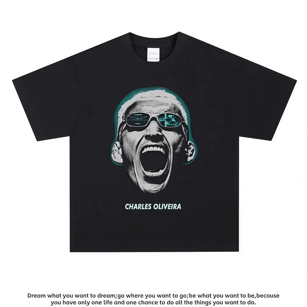 Charles Oliveira Men's Pure Cotton Graphic Moisture-wicking Crew Neck Retro Member Apparel Casual Short Sleeve Women And Men T-Shirt