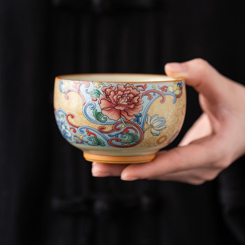 Full color yellow Ru kiln high-end master cup gold silk silver thread retro tea cup tea bowl light luxury business gift souvenir