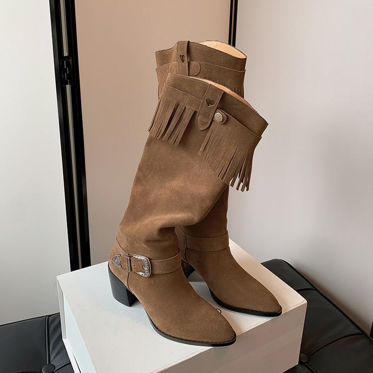 European and American Style Small Round Head Cow Anti-velvet Western Boots~ New Rivet Sleeve Thick Heel Medium Heel High Boots Fringed Boots Women