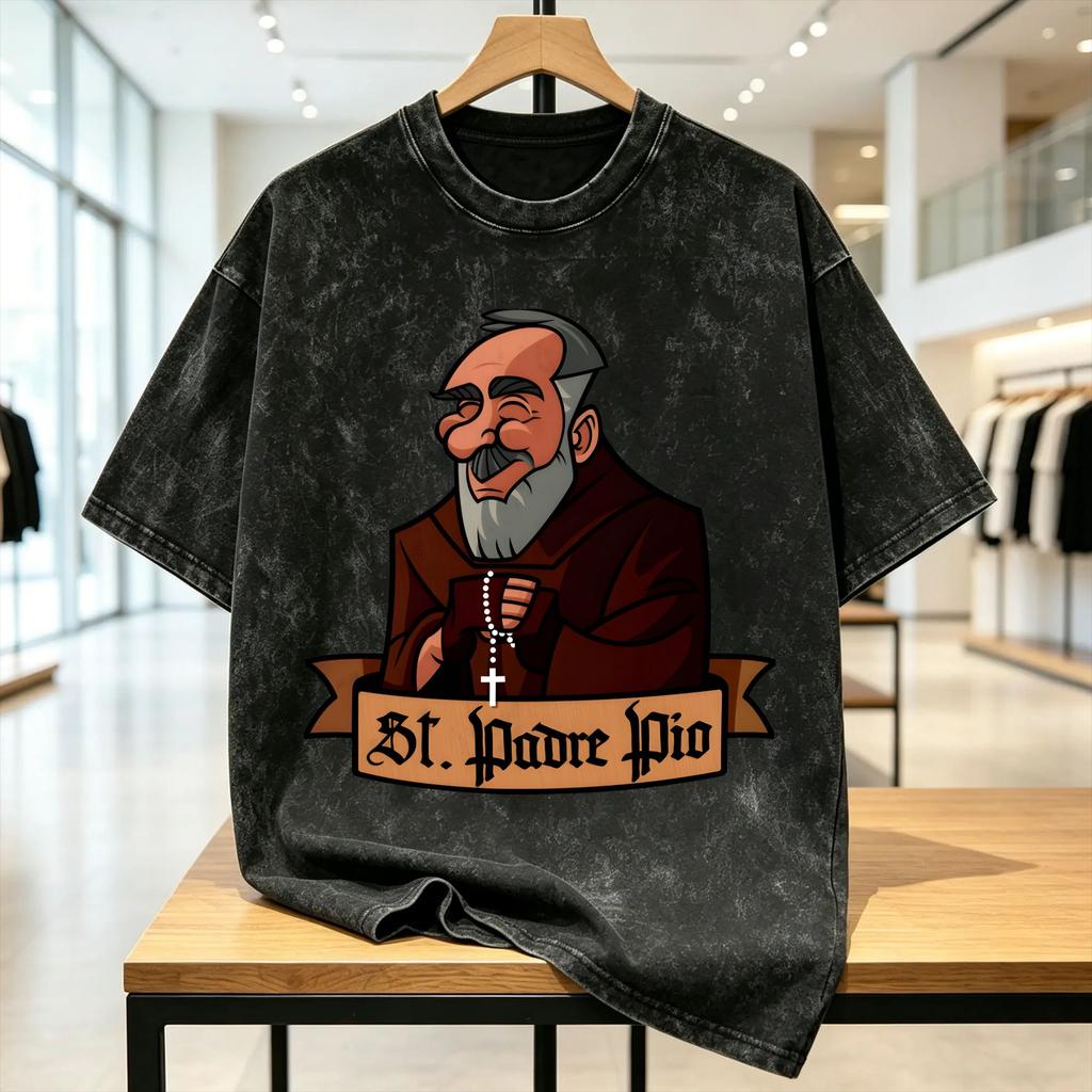 Padre Pio Of Pietrelcina Washed T-Shirt Men Streetwear Casual T Shirts Summer O Neck Fashion Tees Simple Oversized Clothing