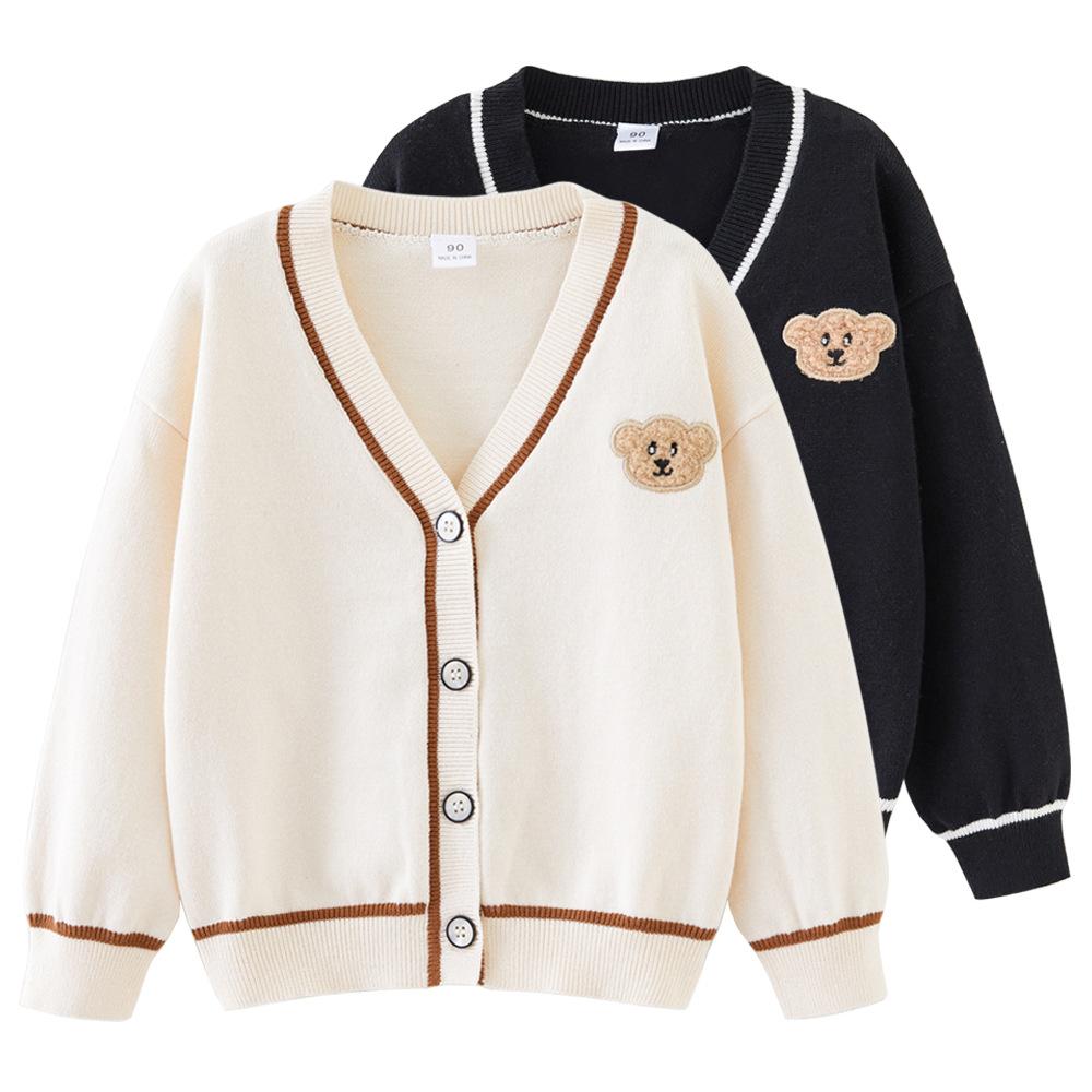 Spring and Autumn Bear Embroidery V-Neck Contrast Color Knitted Cardigan Long Sleeve Cartoon Boy Sweater Jacket