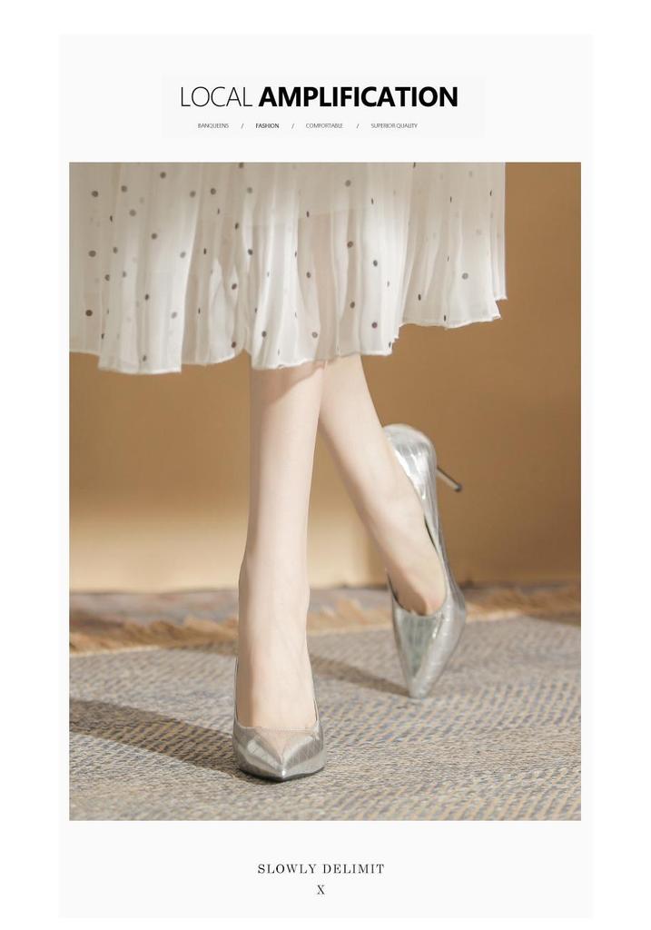 Korean Style Silver Patent Leather Pointed Toe High Heels - Elegant Thin Heel Flats for Women