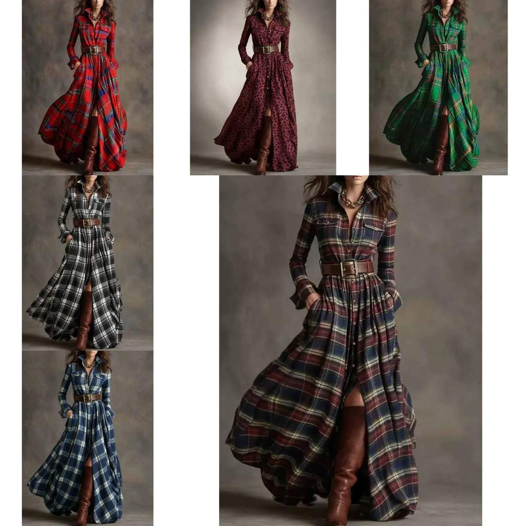 Vintage Plaid Long Sleeve Dress With Pockets For Autumn Fashion Enthusiasts