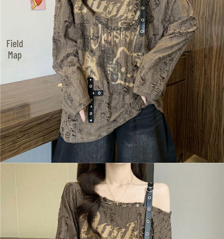 Asymetryczny, podarty T-shirt Plus Size z odkrytymi ramionami: Wyszczuplający top z długim rękawem na wiosnę/jesień