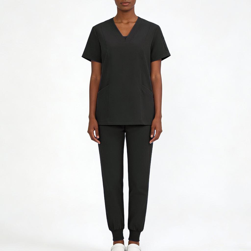 Women's Short Sleeved Color Round Neck Pocket Top Pants Work Clothes Two Piece Set