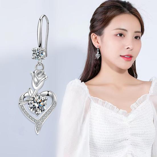 Yousheng 1 Pair Hoop Earrings Shining Cubic Zirconia Geometric High-end Pendant Dress Up Hypoallergenic Rose Flower Heart Dangle Earrings Fashion