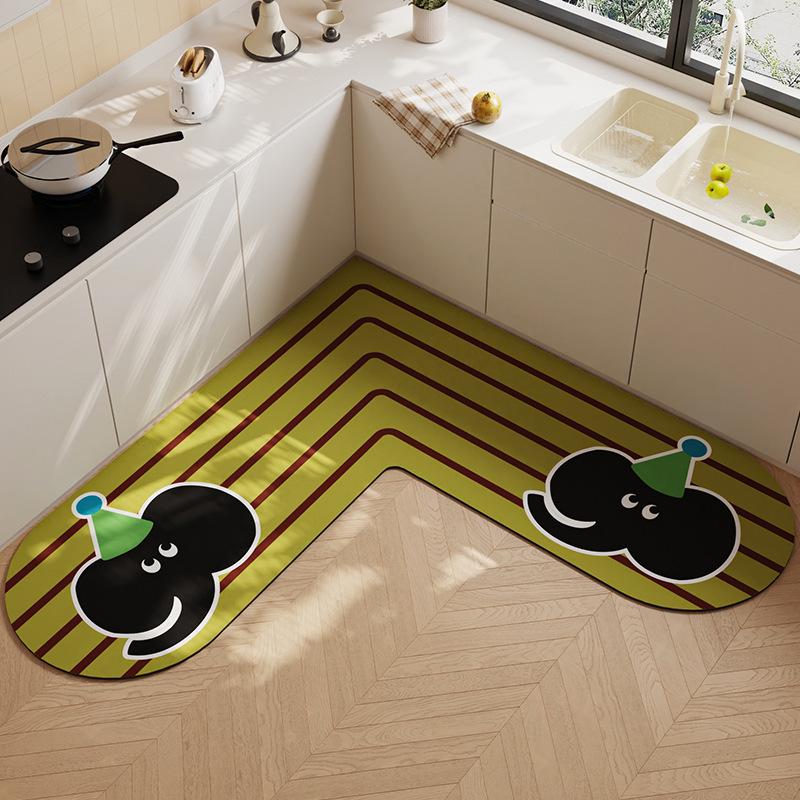 L-Shaped Non-Slip Diatomaceous Kitchen Floor Mat - Cartoon Design, Wear-Resistant, Easy To Clean, Water Absorbent.