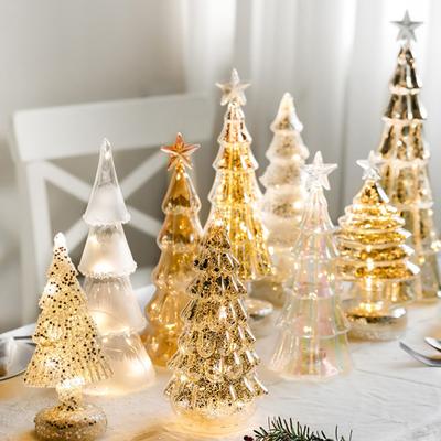 Glass Christmas Tree Figurine Tabletop Tree Ornament with LED Lights Holiday Decor Light Up Tree Cone for Home Office Parties Table Centerpiece