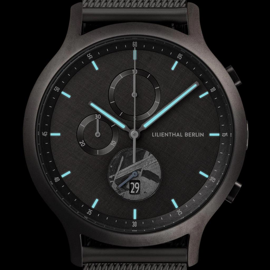 Lilianthal Berlin Chronograf Wykonany w Czerni Zegarek Męski, Data, Meteoryt, Niemcy, C01-026-B023F,