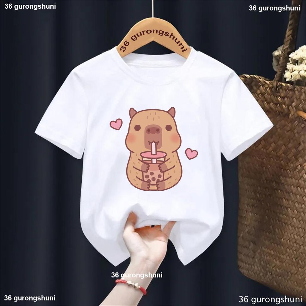 Funny T Shirt Capybara With Turtle Loves Bubble Milk Tea Printed T Shirt Girls Boys Kawaii Kids Clothes Harajuku Shirt Tops