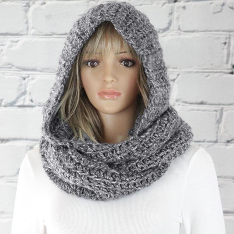 Fashion Hooded Scarf, Women's Solid Color Woolen Hat, Knitted Scarf