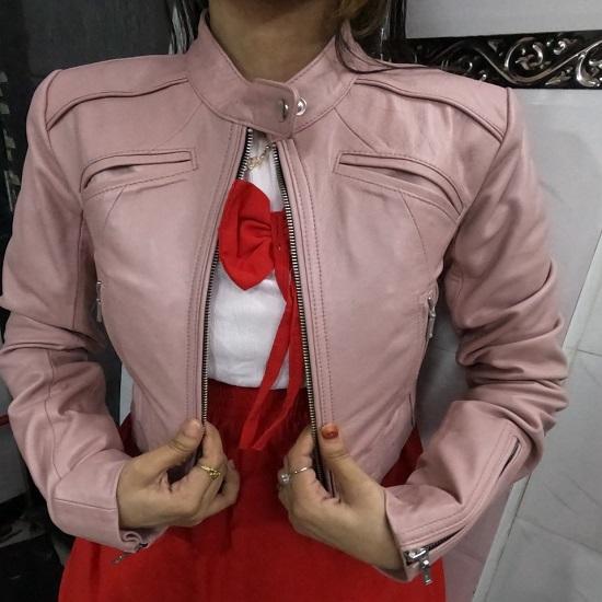Noora Women's Lambskin Leather Cropped Jacket, Biker Crop Style Punk, Street, Club & Party wear Jacket BABYPINK