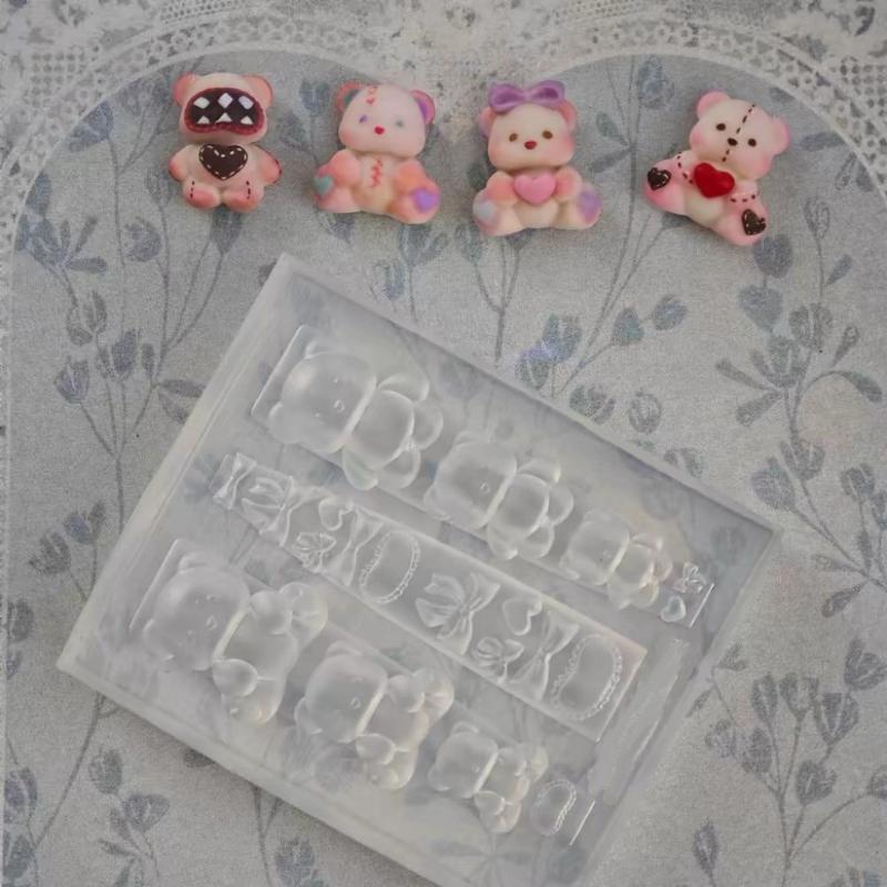 1Pc Cream Bow Bear 3D Silicone Nail Mold Diy Nail Art Decoration Flower Transparent Nail Template Manicure Design Tool