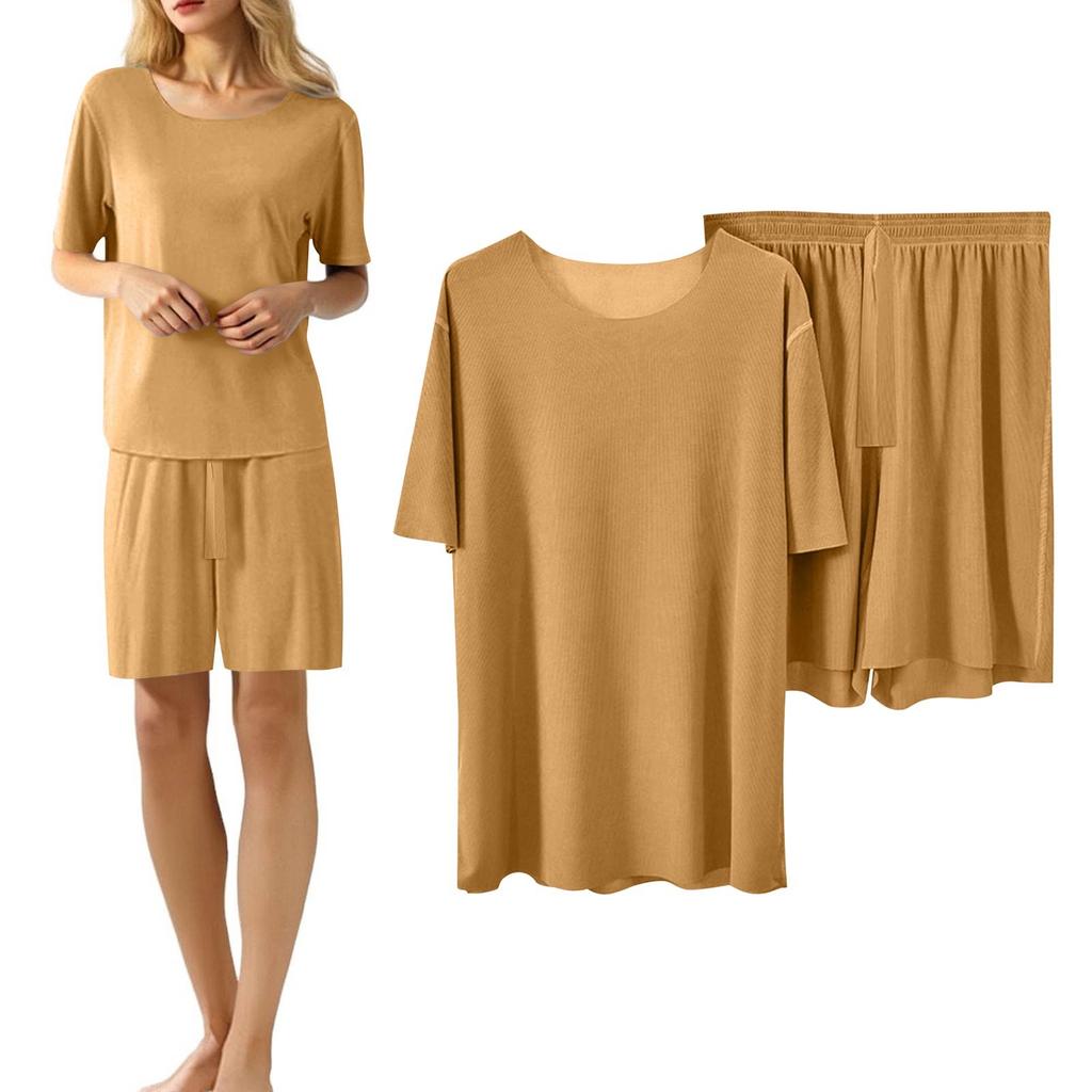 Women's Casual Pajama Set Solid Color Short Sleeve Shorts Pants Two Pieces