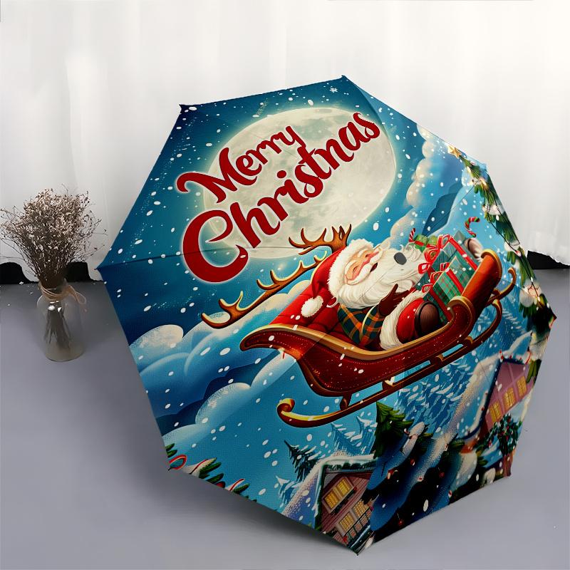 Santa Claus, Christmas Sleigh Theme 8 Bone Hand Automatic Folding Umbrella, Compact and Portable Design, A Perfect Gift for Birthday, Christ