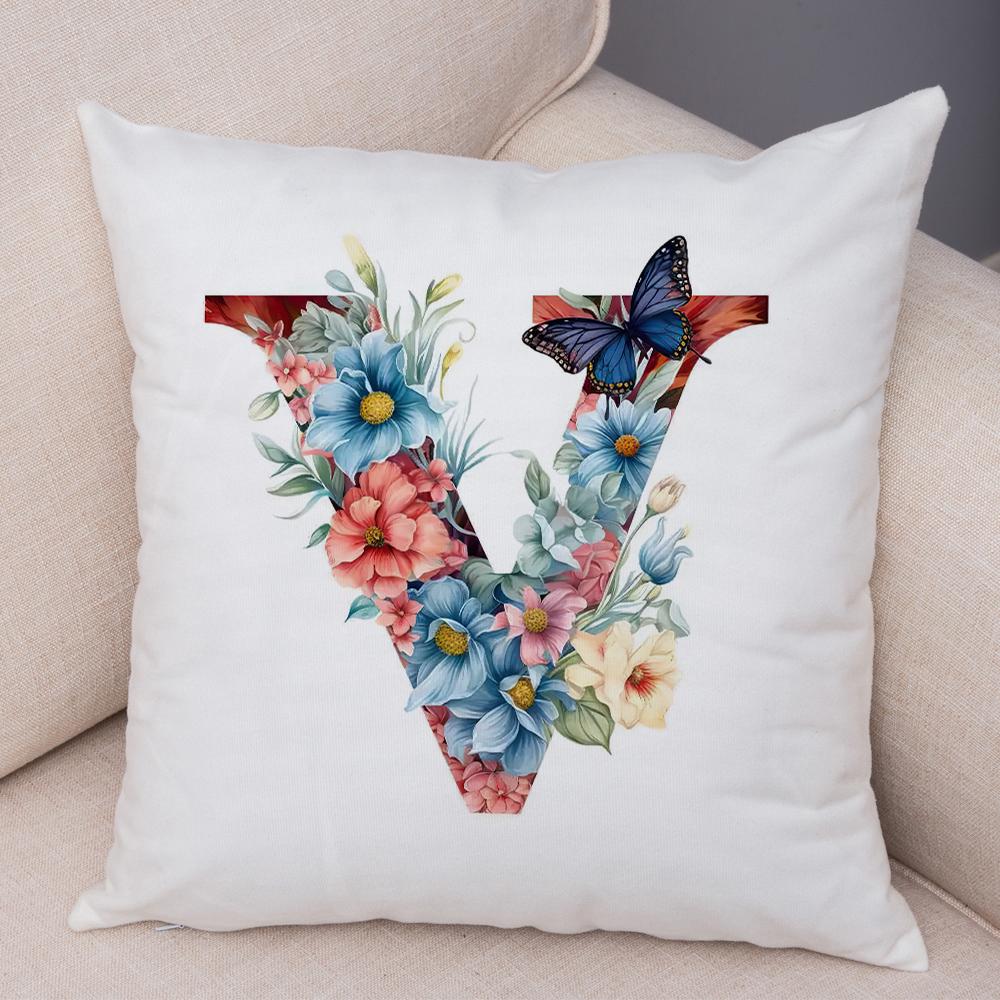 Floral Letter J Pillowcase Double Print Watercolor Letter U Cushion Cover Soft Plush Flower Letter D Pillowcase for Sofa Home
