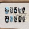 Handmade Short Almond Press-On Nails With Blue Cosmic Gradient Design Women Girls