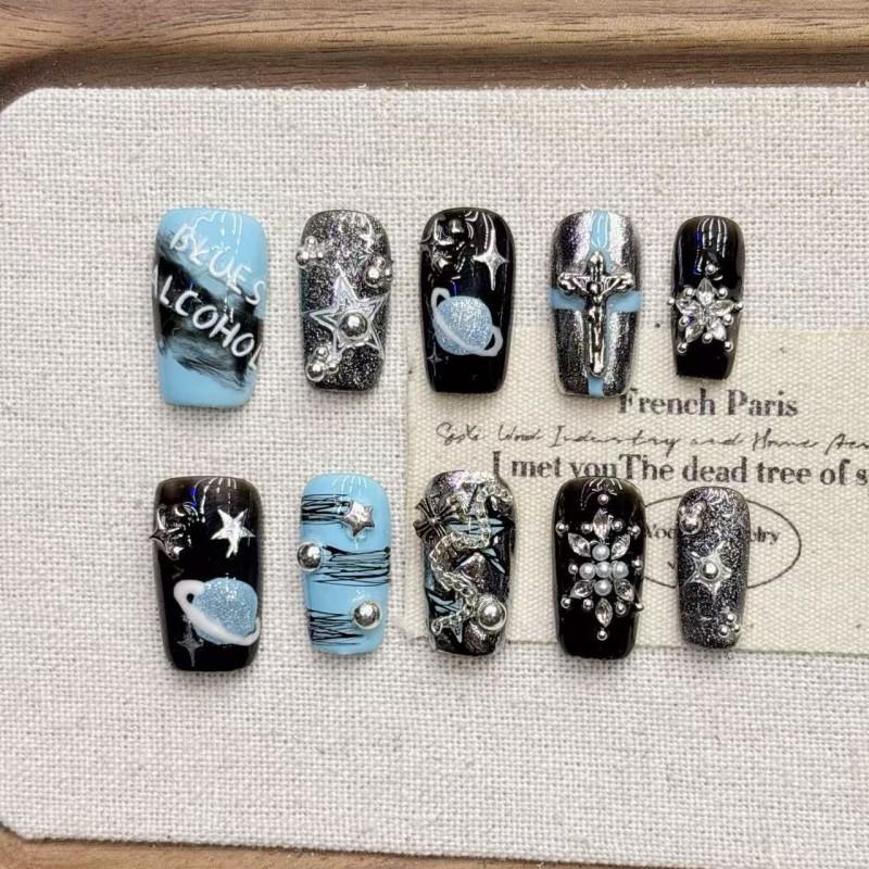 Handmade Short Almond Press-On Nails With Blue Cosmic Gradient Design Women Girls Medium