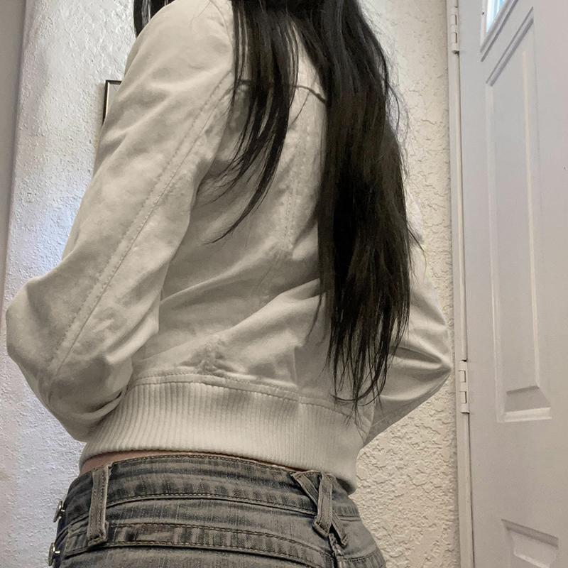 VAYLA Vintage Cropped Jackets Women Stand Collar Solid Color Casual Coats Slim Pocket Zip Up Harajuku Safari Style Outwear