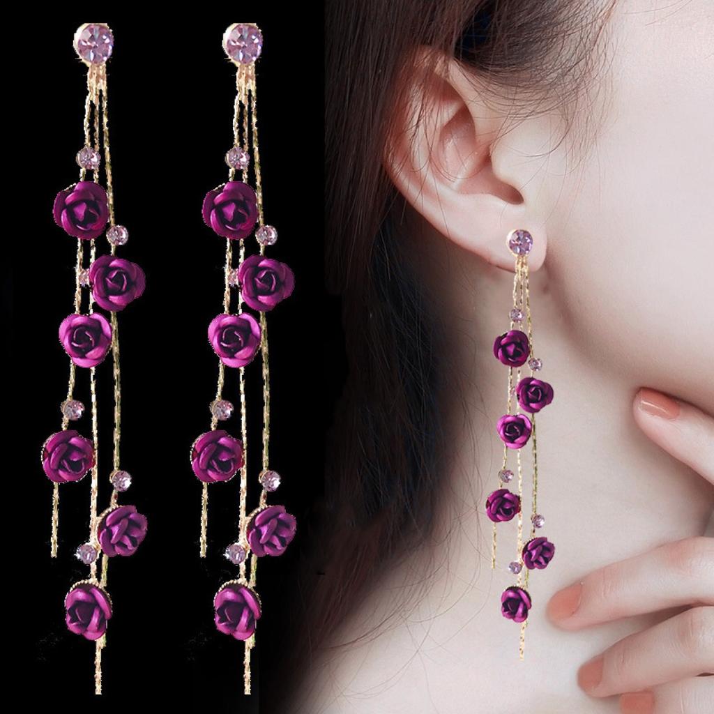European and American purple diamond-encrusted rose flower ethnic style female simple long fringed rhinestone earrings