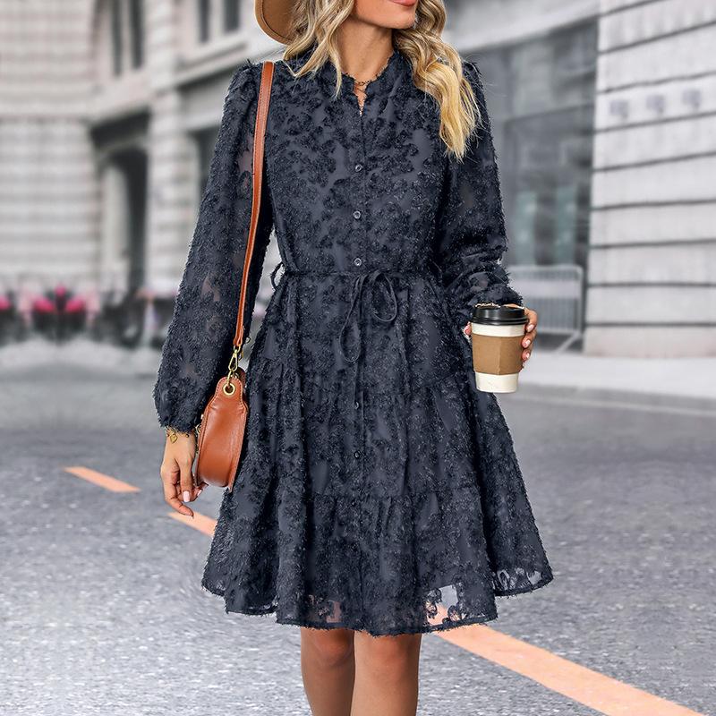Jacquard Lace-Up Skirt Spring/Summer New European And American Jacquard Long SleevesExplosive Dress S темно-синий