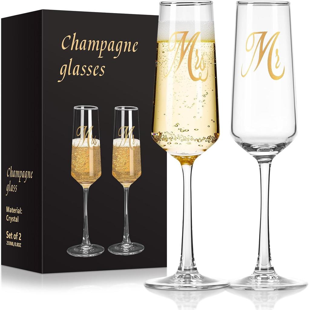 Champagnergläser Set mit 2 Stück, 250 ml, Elegante hohe Gläser für Hochzeiten, Geburtstage, Jubiläen