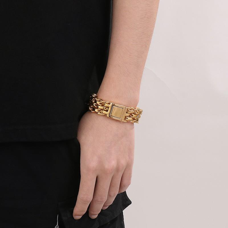 Hip Hop Stainless Steel Three Layer Link Chain Bracelet Men's Gold Color O-Shaped Chunky Bracelets Larger Polished Wist Jewelry