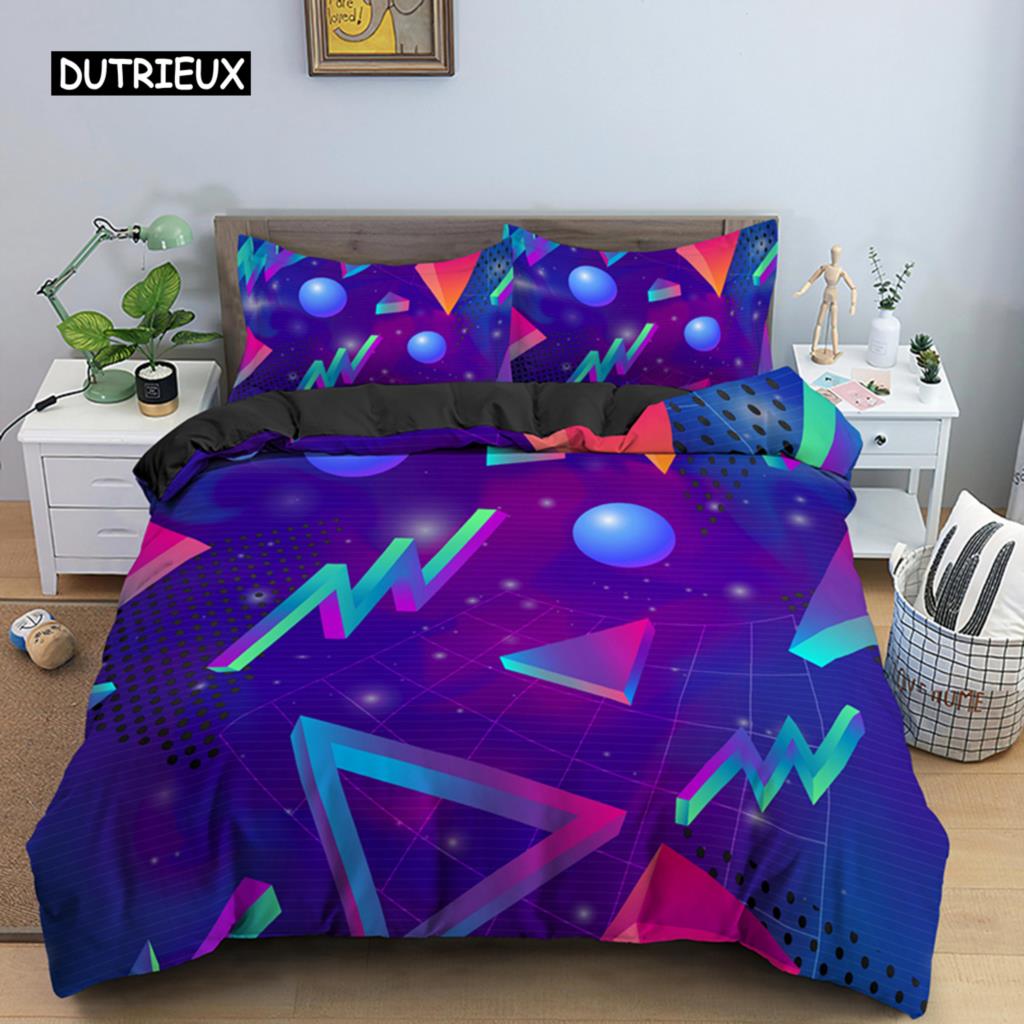 Psychedelic 3D Geometric Duvet Cover Microfiber Colorful Pop Abstract Art Comforter Cover Retro 80s Style Bedding Set Queen Size