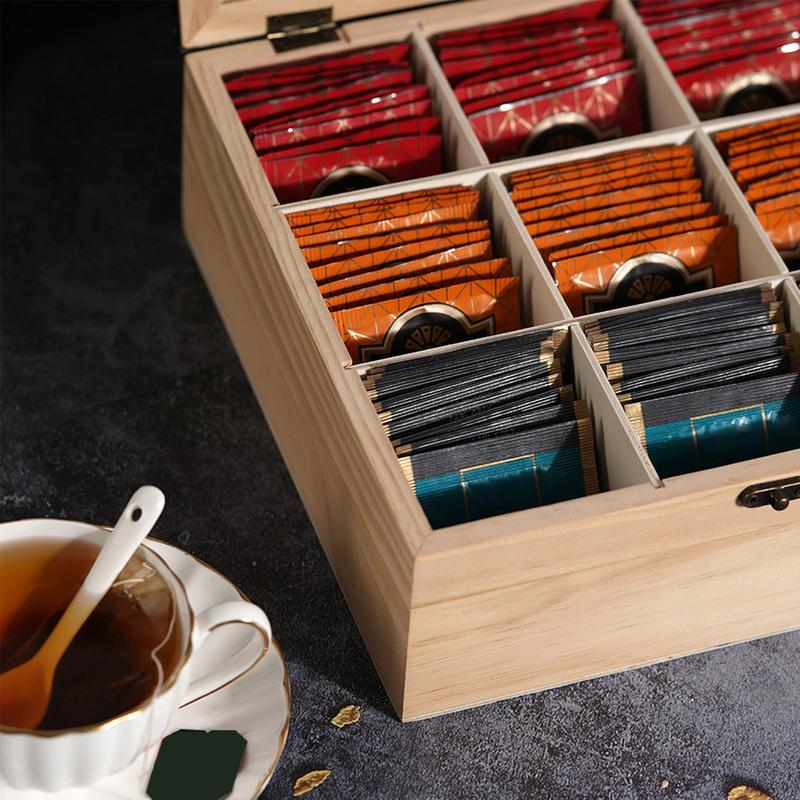 Tea Organizer Storage Box 9 Grid Tea Chest Storage Box Decorative Teabag Holder Containers Teabox Station Display